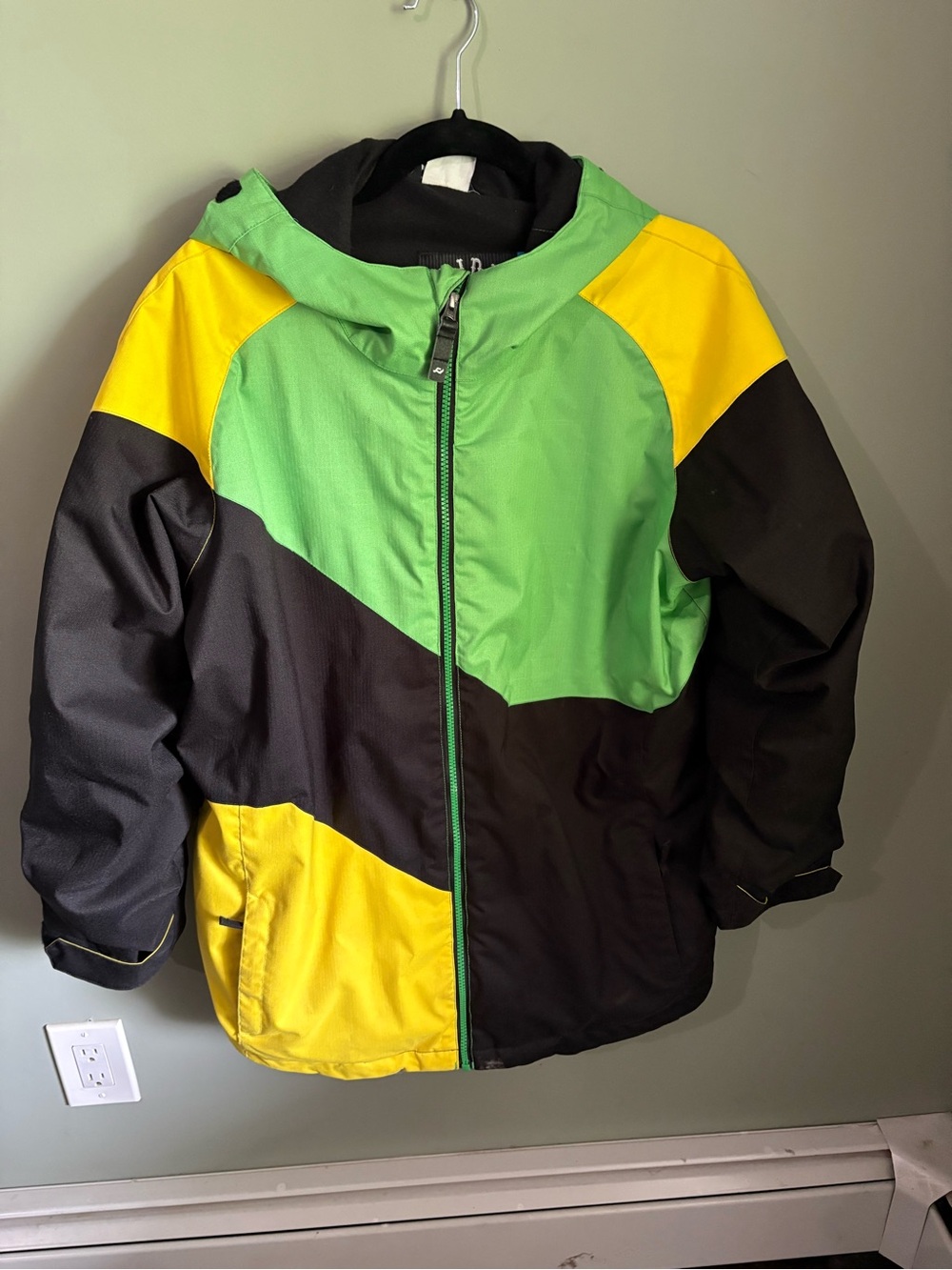 Kids Hooded Colorblock Snowboarding Jacket - Green/Yellow/Black size 14/16